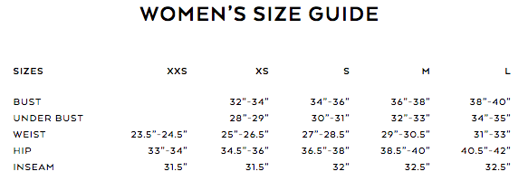 alo yoga size guide