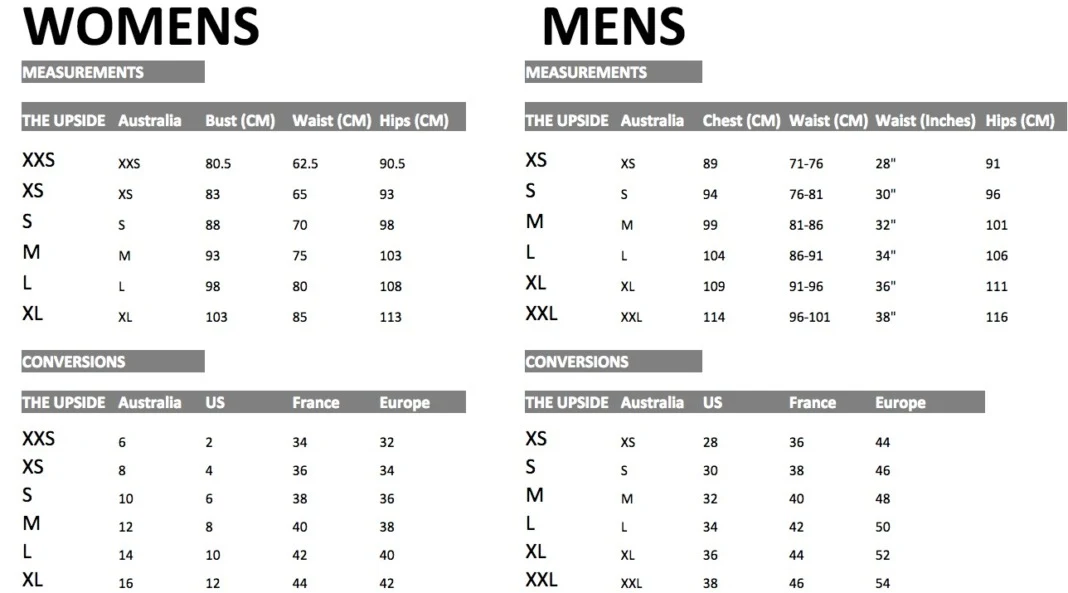 the upside size chart