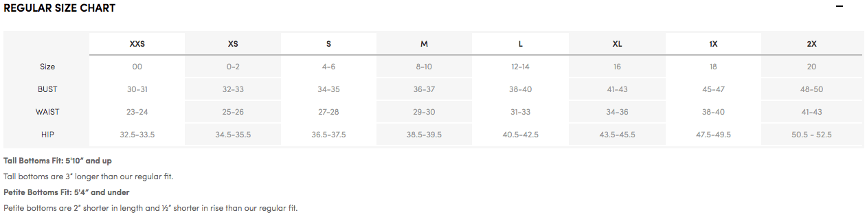 athleta Size Chart