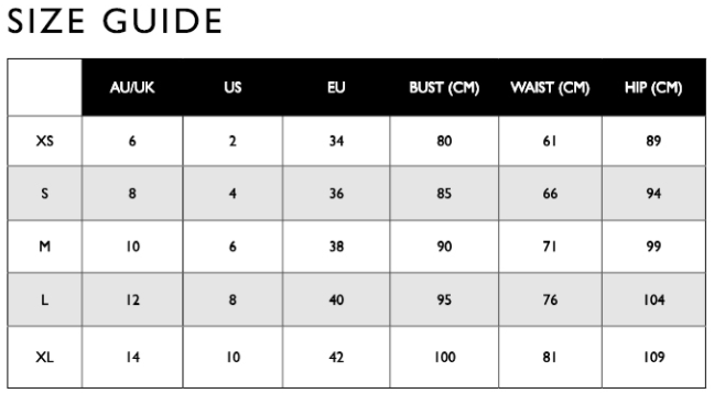 L'URV Activewear Size Chart