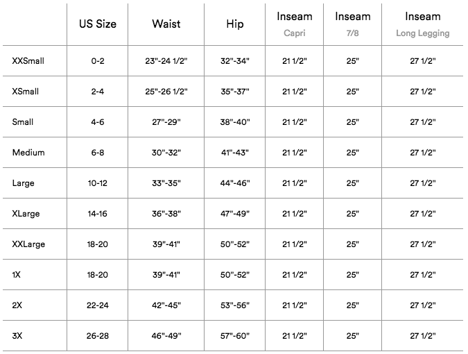 beyond yoga size chart bottoms