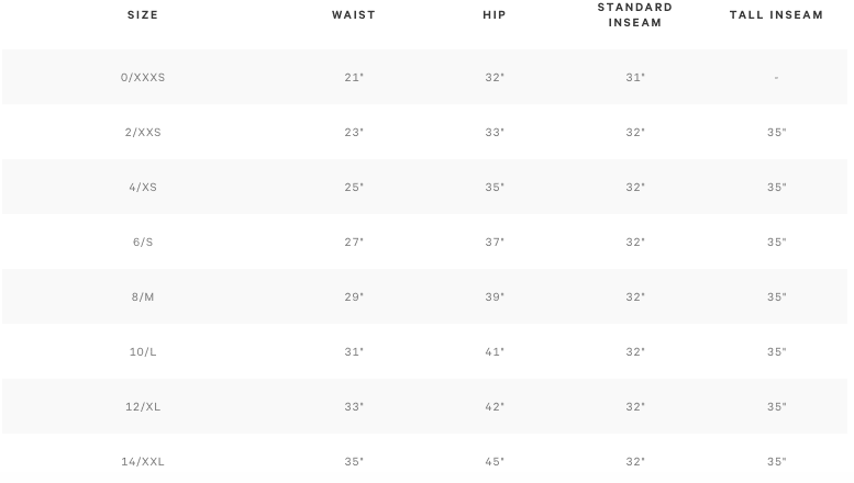 lululemon size chart