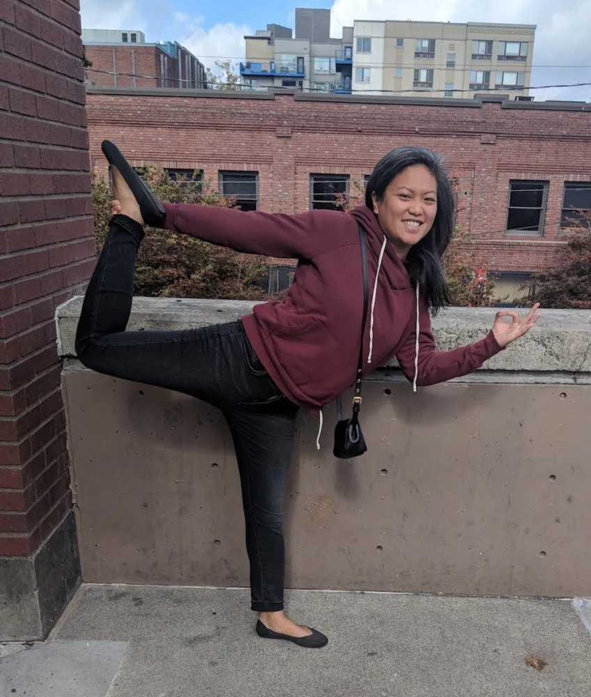 Wearing Athleta Sculptek Denim, NSF Enzo Sweater and Rothy's round toed flats.