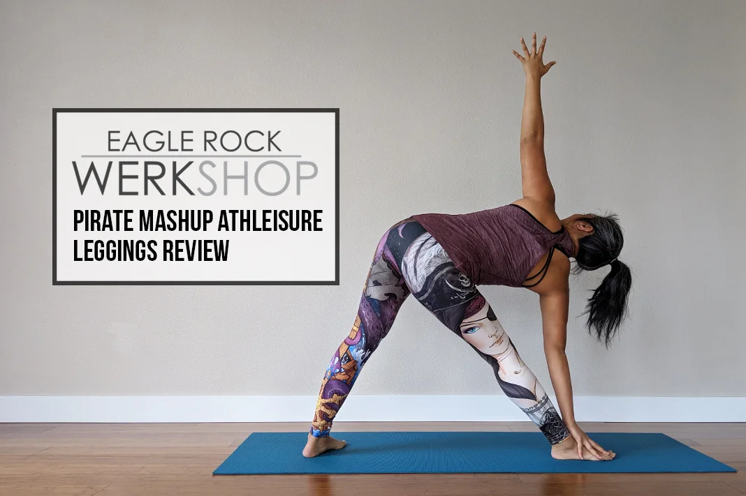 werkshop review athleisure leggings pirate mashup schimiggy yoga trikonasana