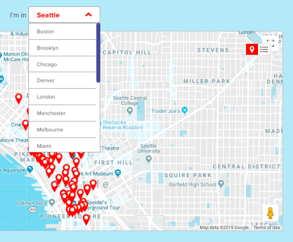 MealPal Review drop down menu to view restaurant options in other cities