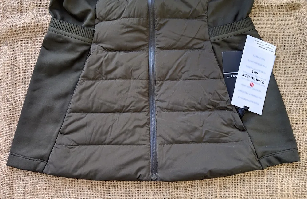 where to find lululemon size dot down for it all vest dark olive front pocket