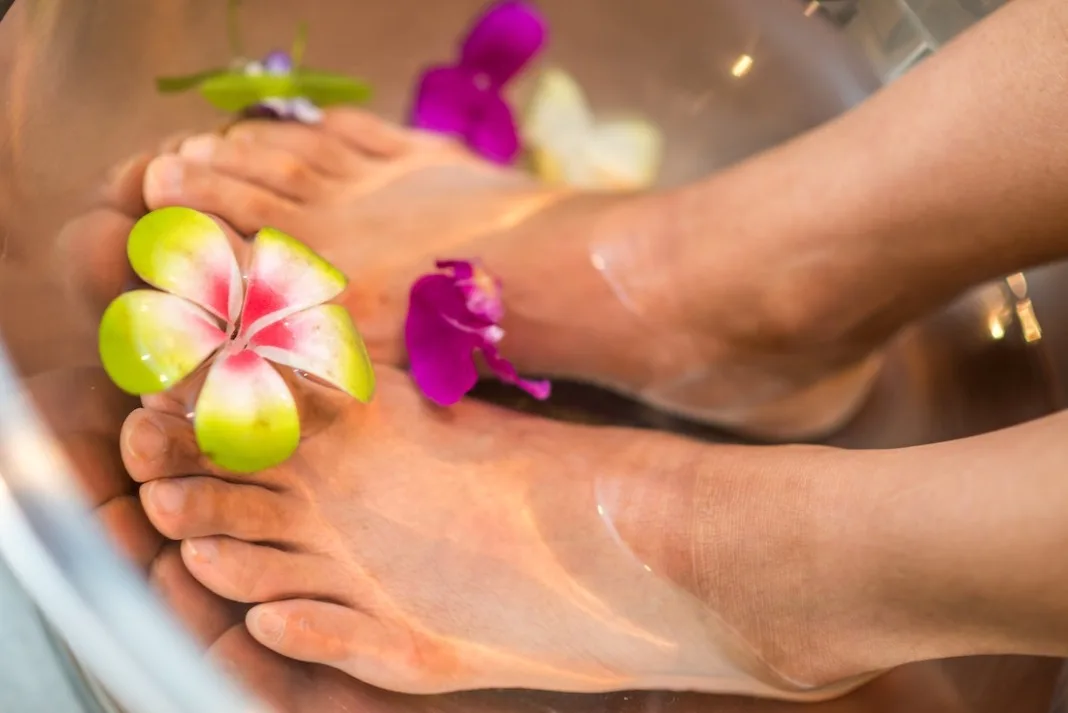 pedicure footcare in foot soak bath basin