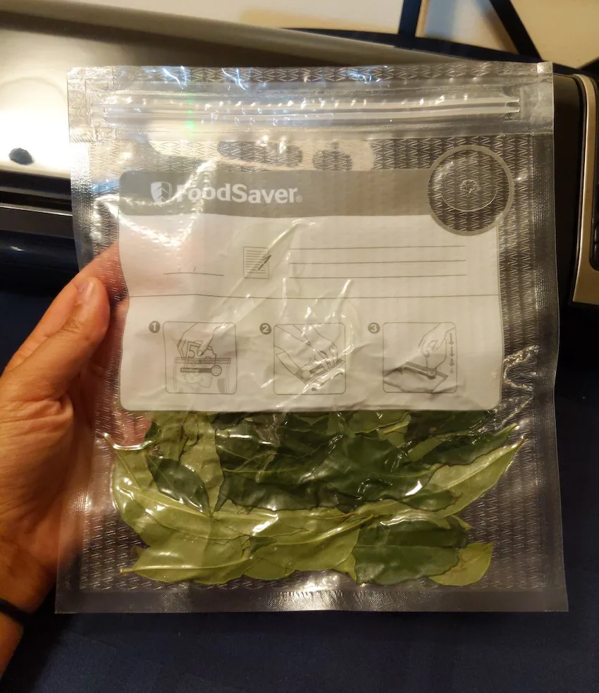 indian curry leaves in foodsaver vacuum sealed bag