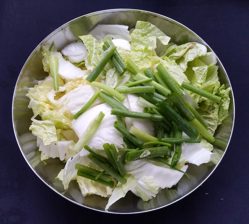 kimchi recipe add sliced green onions into large bowl with napa cabbage