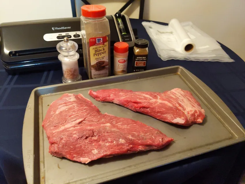 meat on tray ready to marinate for sous vide