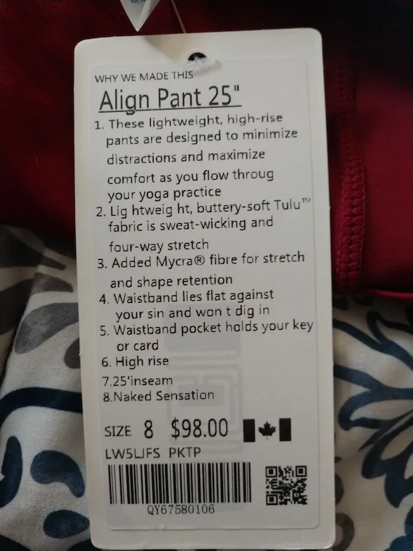 fake lululemon align hang tag