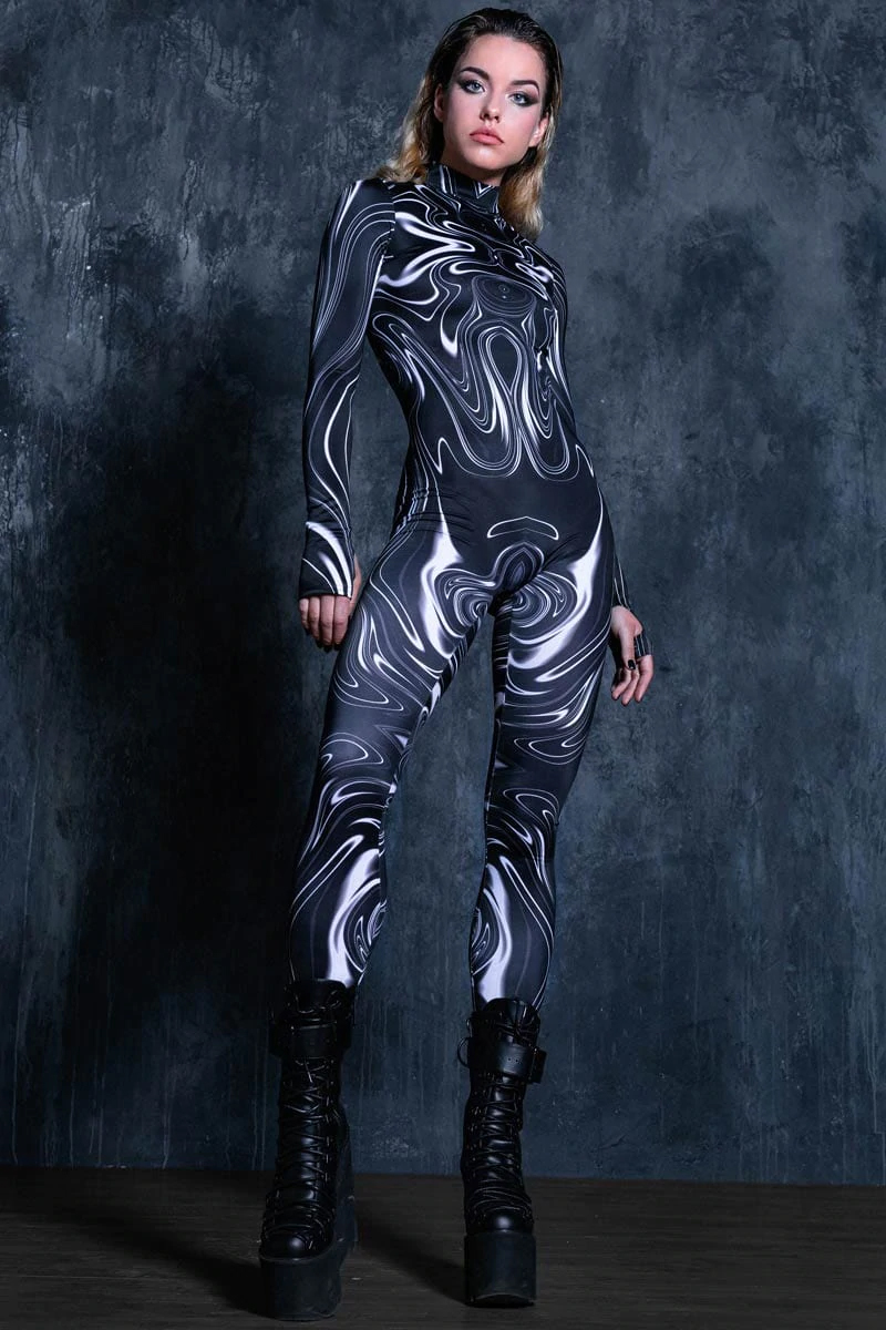 Devil Walking Black Marble Rave Suit Catsuit