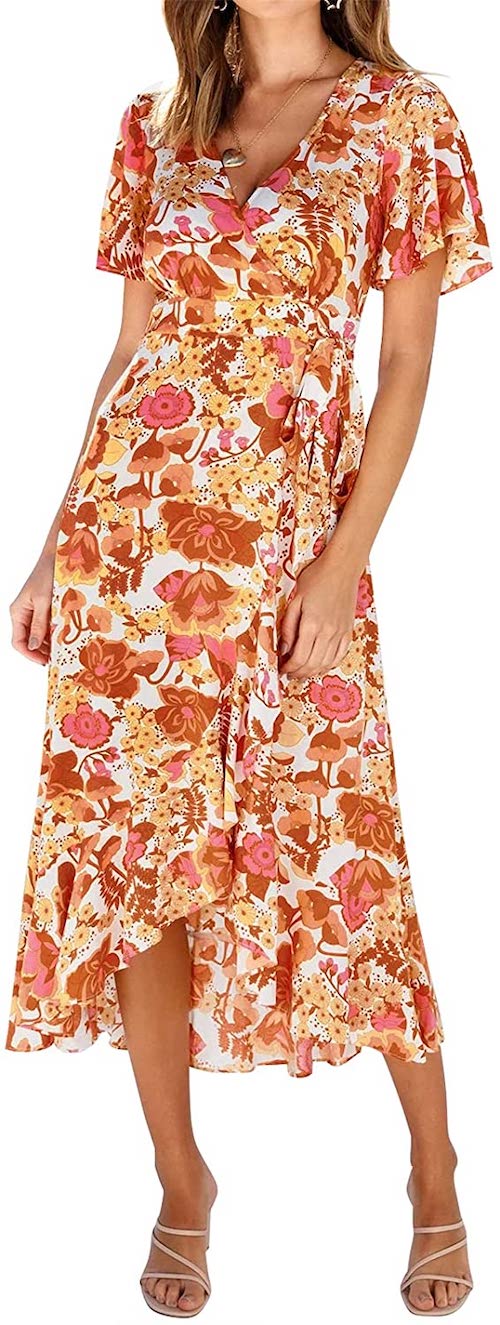 Zesica orange red yellow floral wrap dress