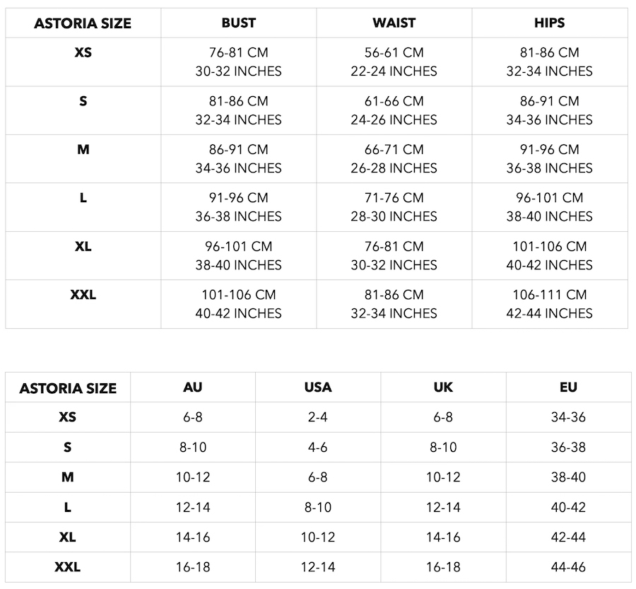 Astoria Activewear Size Chart