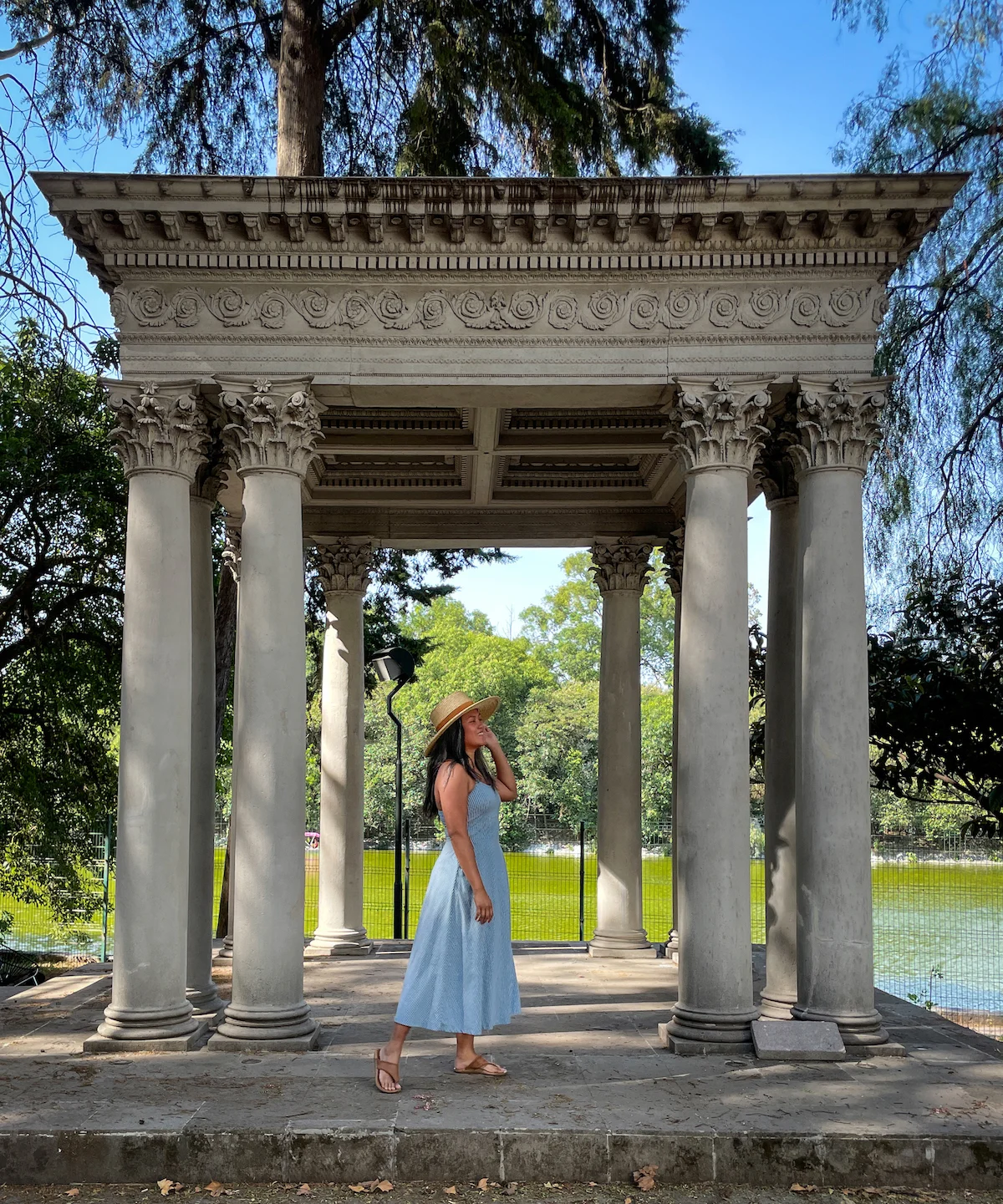 Mexico City Chapultepec Park PACT Fit and Flare Midi Dress in Lake Stripe Gigi Pip Hat Sak Sandals