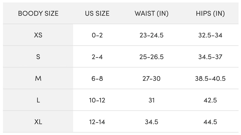 Boody Size Chart for Leggings