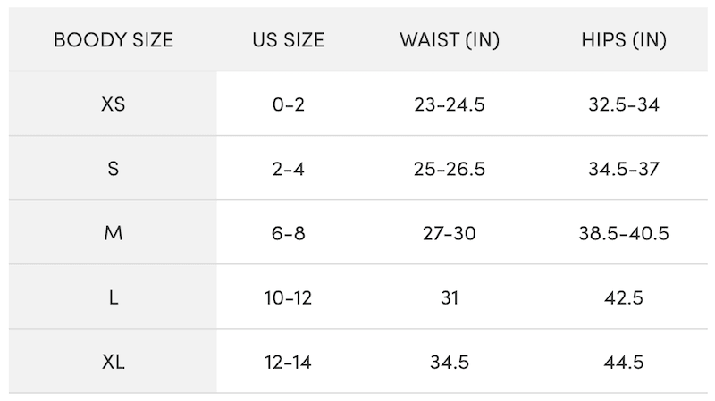 Boody Size Chart for Leggings