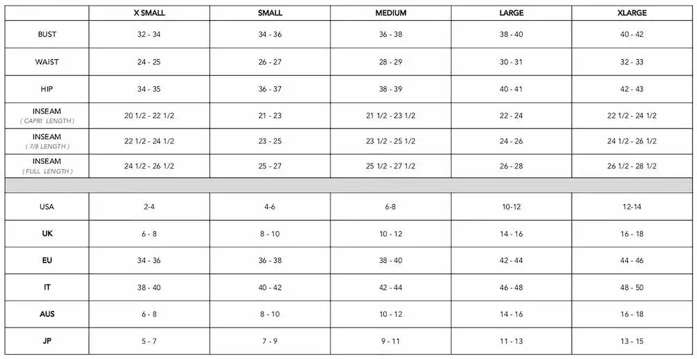 Electric and Rose Size Chart Womens