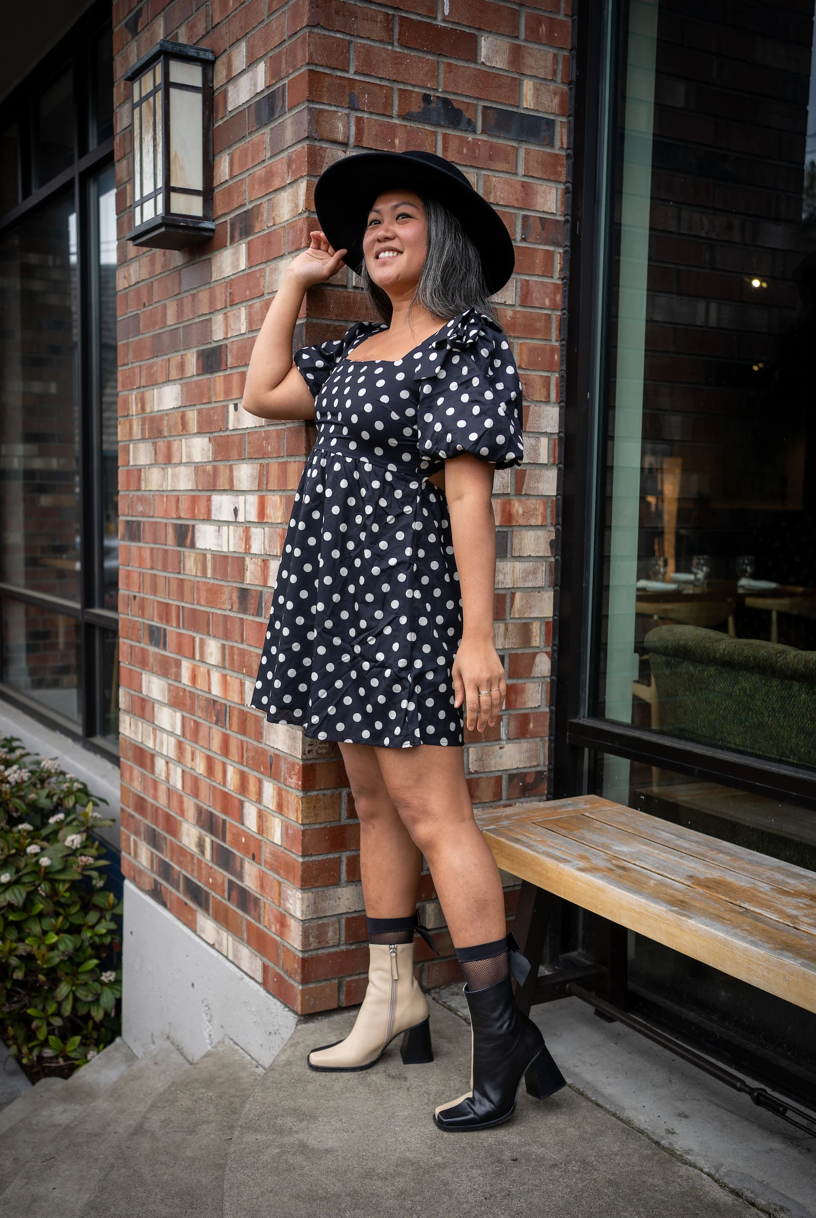 ALOHAS South Bicolor Beige Black Boots Vici Babydoll polka dot dress eric javits hat side pose