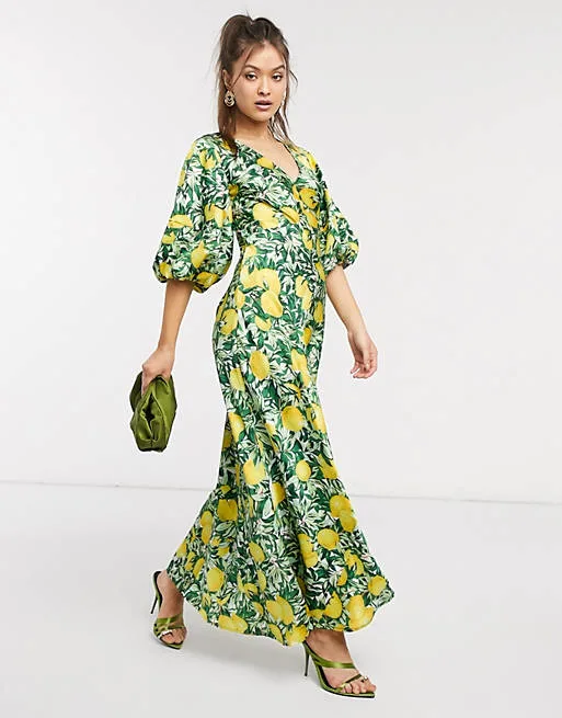 ASOS Lemon Puff Sleeve Maxi Dress