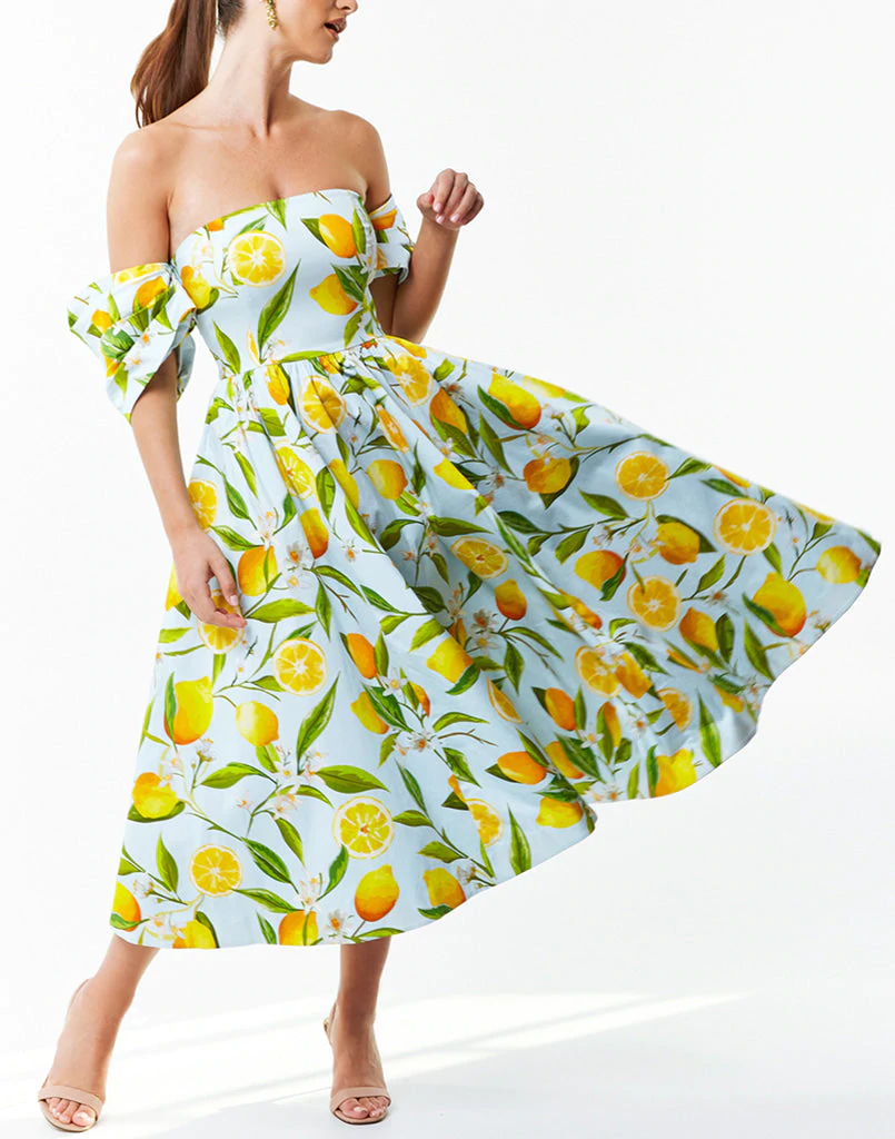 Mestiza Odette lemon off shoulder midi dress