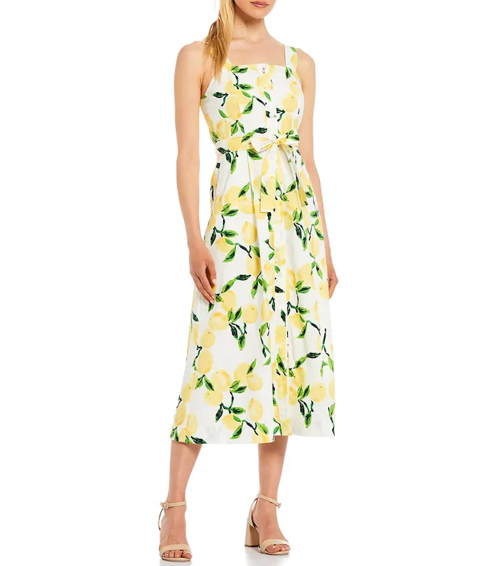 Tommy Hilfiger Lemon Print Stretch Cotton Poplin Button-Front Belted Sundress