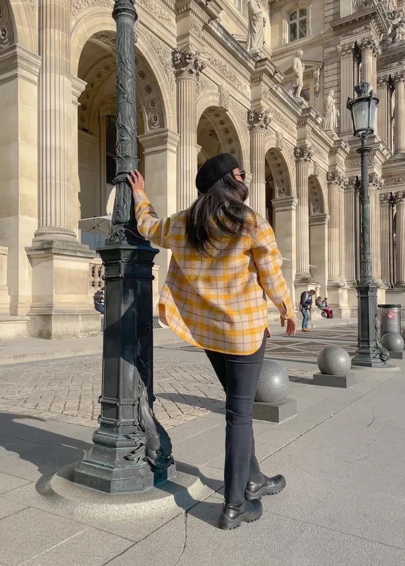 Isabel Marant Jacket Aviator Skinny Jeans Fendi cat Eye sunglasses ATP Atelier Catania Boots Louvre Museum in Paris France back