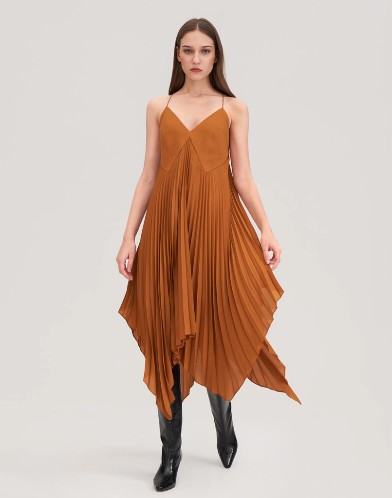 lily silk pleated silk daisy dress maple camel