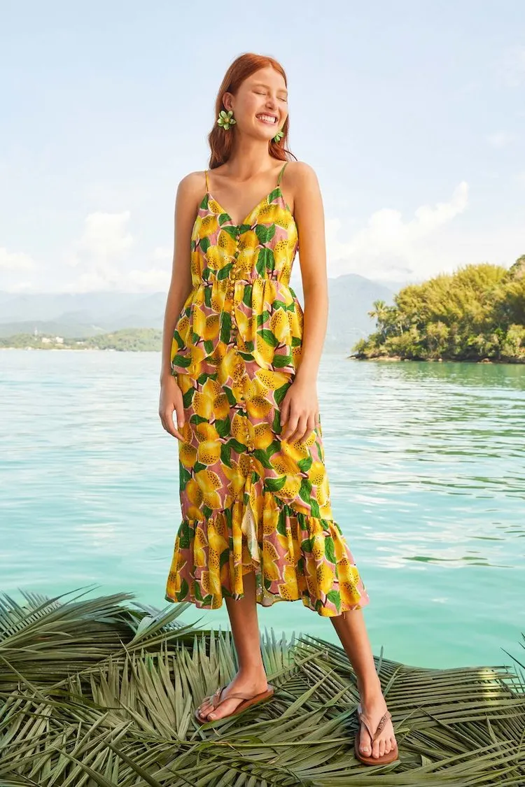 Farm Rio Fresh Lemons Ruffled Midi Dress