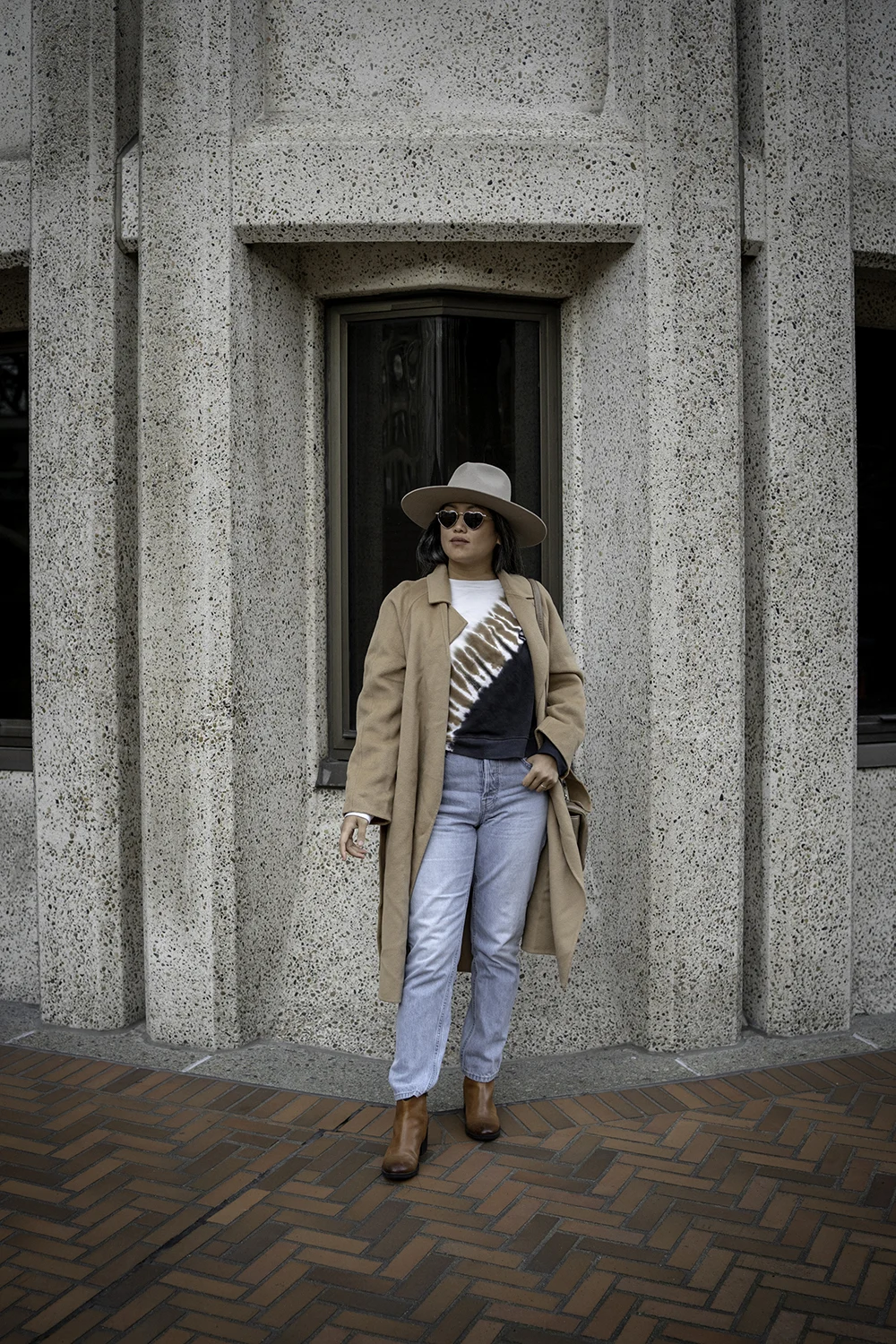 Fall Outfit Nap Loungewear Wool Coat San Diego Hat Company Julian Hat Everlane Jeans Clarks Booties