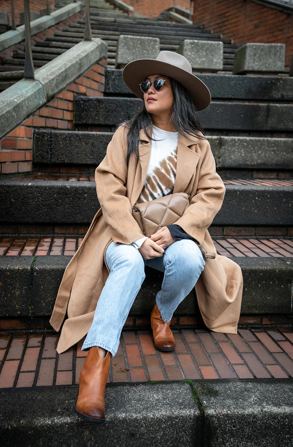 Fall Outfit San Diego Hat Company Julian Fedora Nap Loungewear Wool Jacket Everlane cheeky jeans, clarks booties YSL Saint Laurent Lou Lou Sunglasses Electric and Rose Ronan Sweatshirt