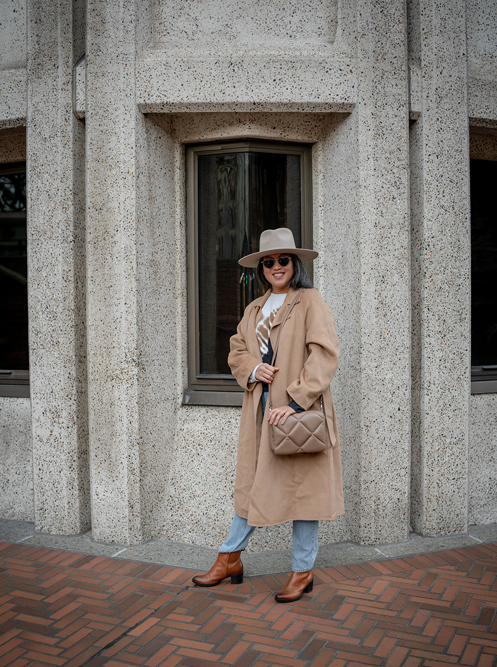 Nap Loungewear Tie Waist Coat Stand Studio Brynn bag San Diego Hat company julian fedora everlane jeans YSL Loulou sunglasses clarks booties