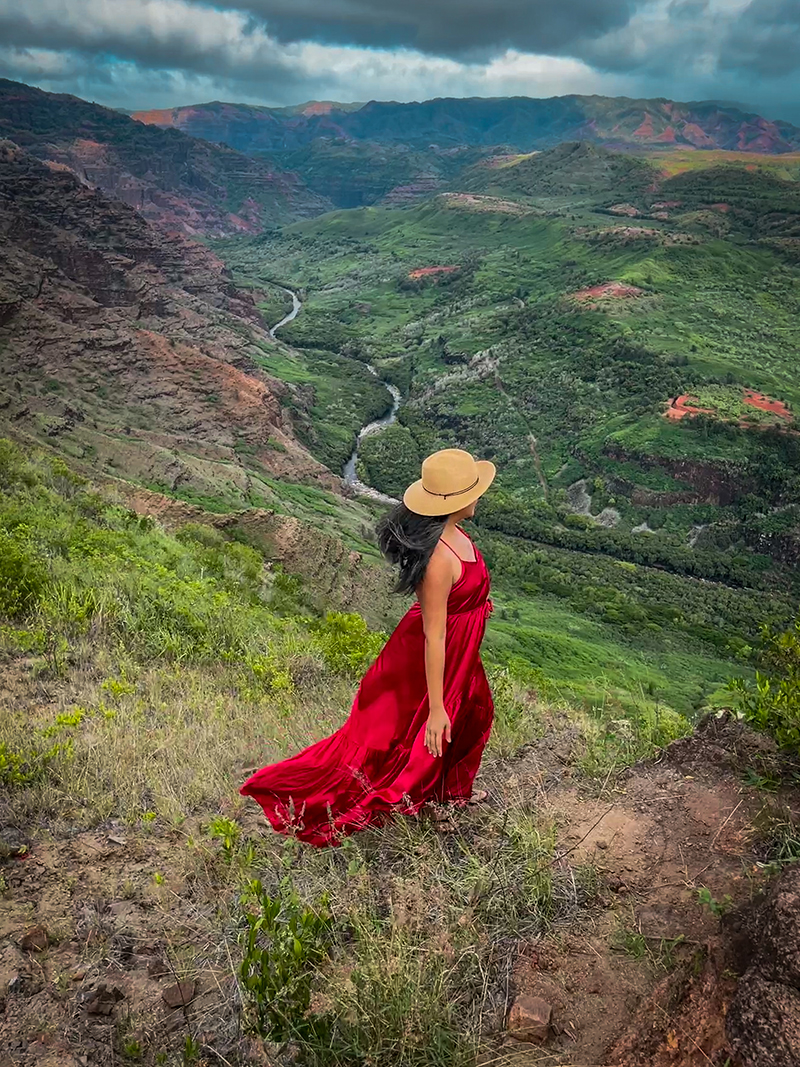 Perrin and Co Ella Dress in Apple Red in Waimea Canyon Kauai Hawaii