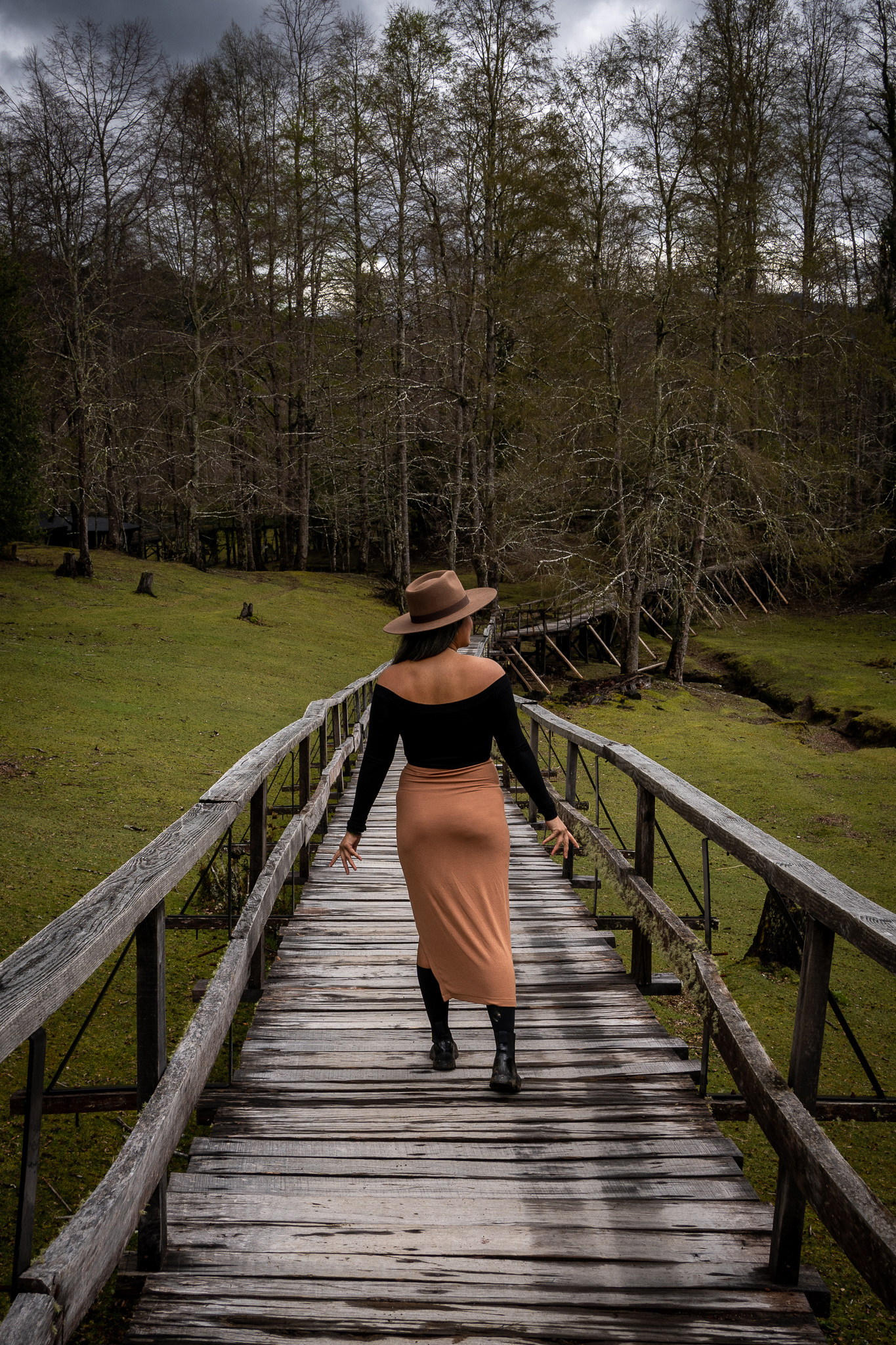 San Diego Hat Company Julian Fedora in Brown Alix NYC Sutton top and Fordham Skirt ATP Atelier Catania Boots Huilo Huilo Chile