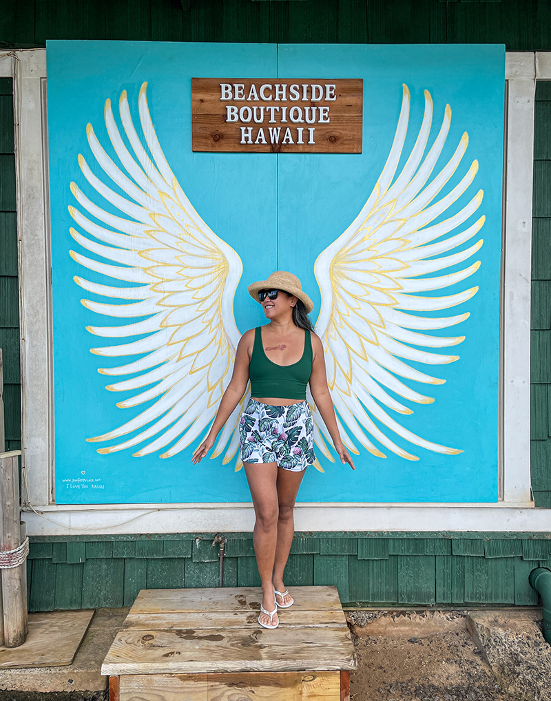 Kauai Travel Guide Angel Wings in Kapaa Town love fitness shorts lululemon tank top wallaroo hat