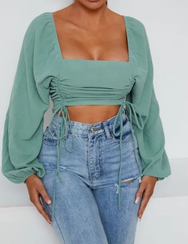 seafoam pastel teal square neck puff sleeve crop top