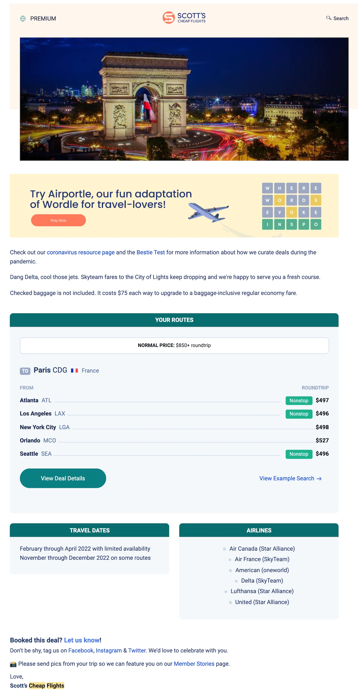 scotts flight deals example to paris france