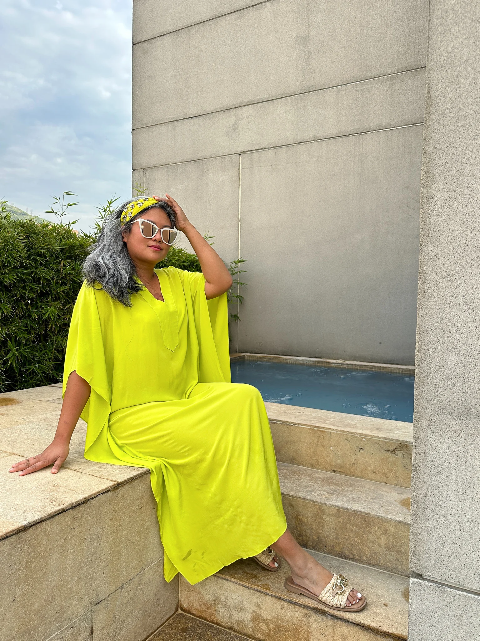 Ocean and Main Chartreuse placket v neck caftan namjosh headband quay sunglasses steve madden gene raffia sandals sitting