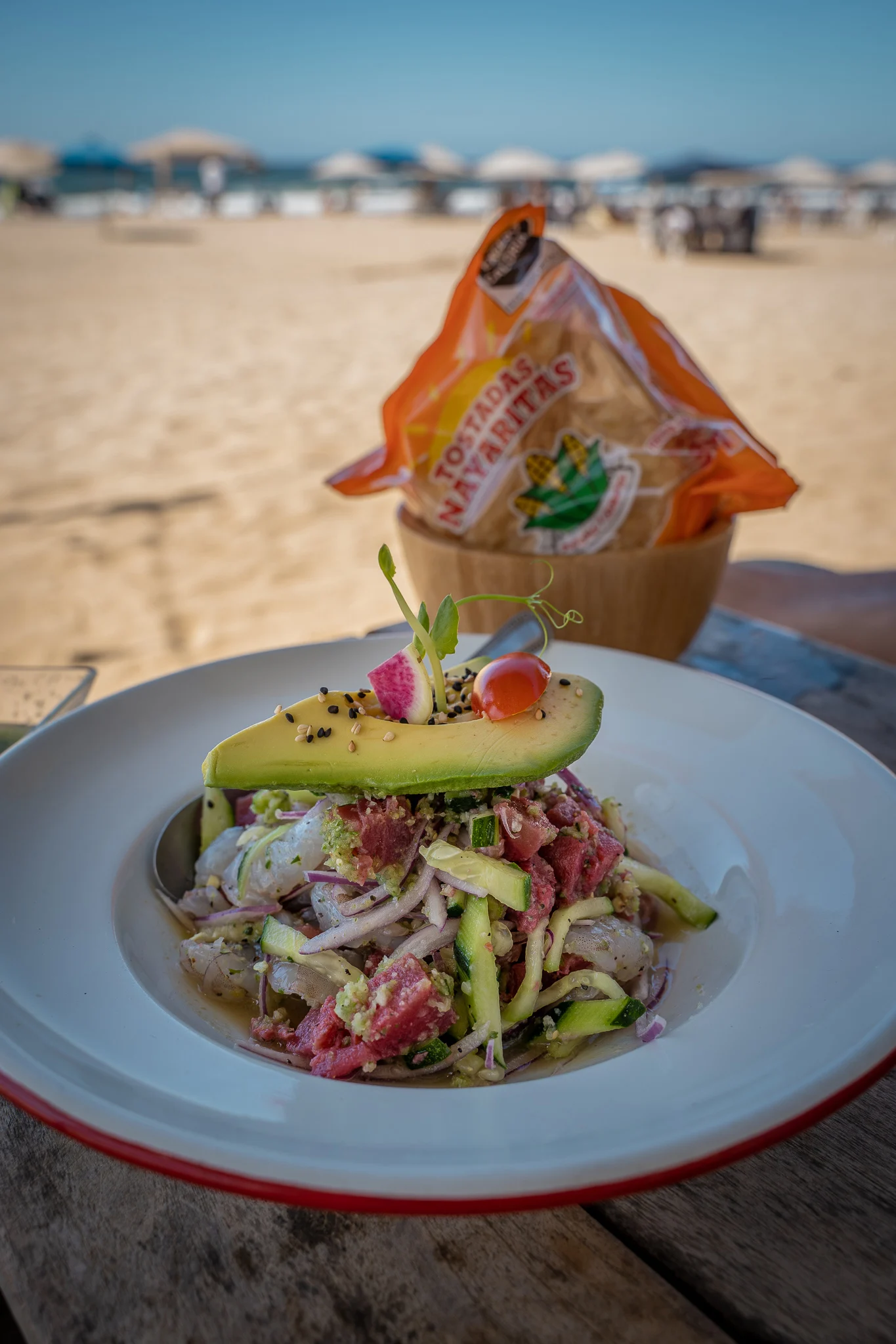 Shrimp and tuna aguaschiles from Barracuda on Sayulita Beach