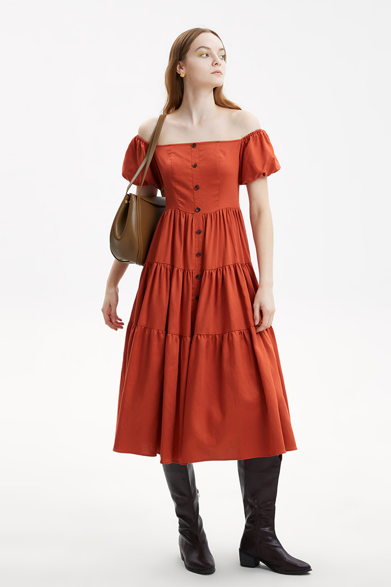 Lattelier Off-Shoulder Balloon Sleeves Linen Dress