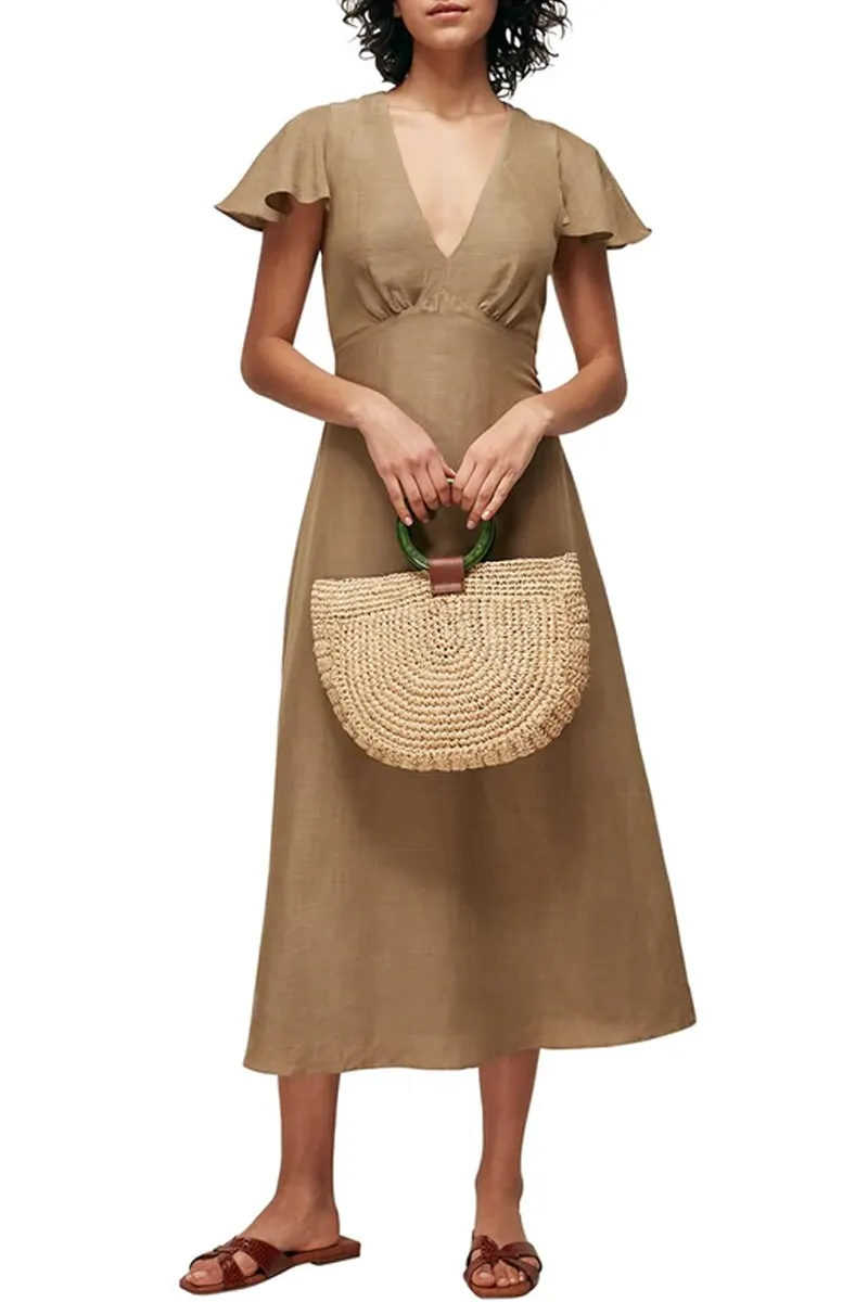 Whistles Frill Sleeve Midi Dress Khaki Tan