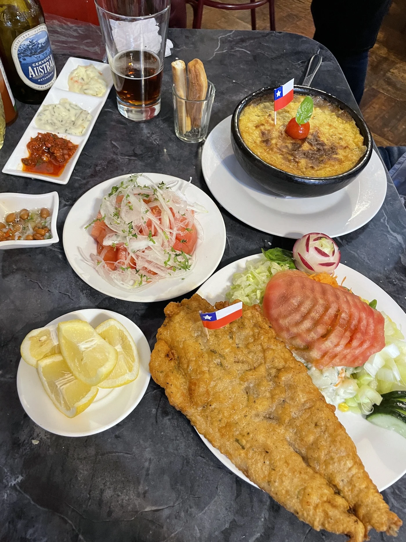 Chilean Food Pastel de Choclo and Merluza frita