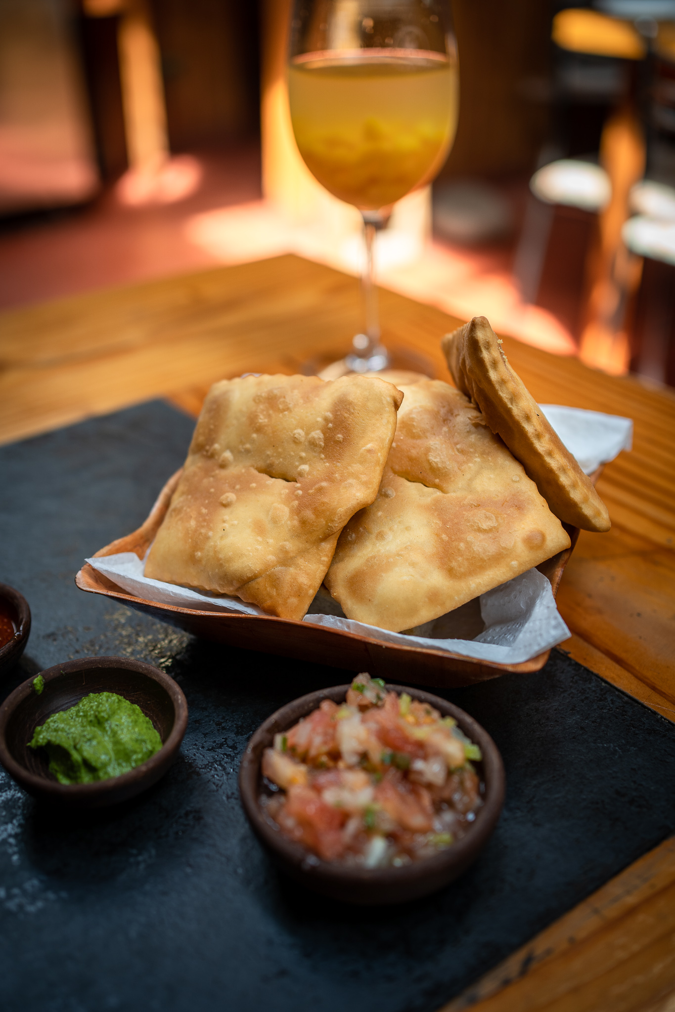 Chilean Food Sopaipillas fried bread with salsa