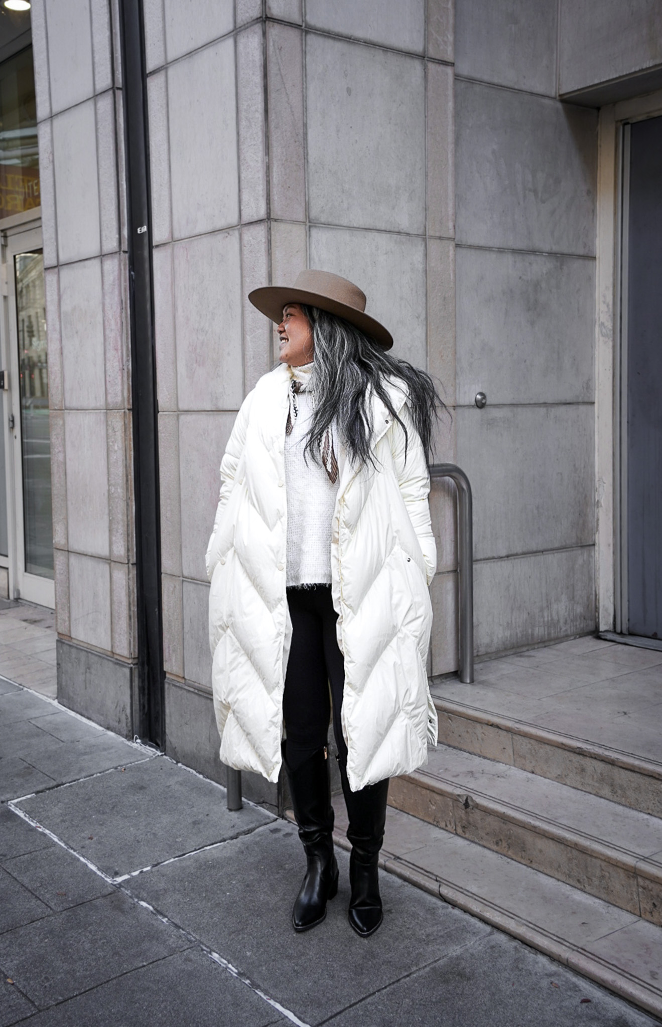 Gentle Herd Quilted Down Parka Ivory Dream Pairs Montana Boots Gigi Pip Dakota Triangle Fedora