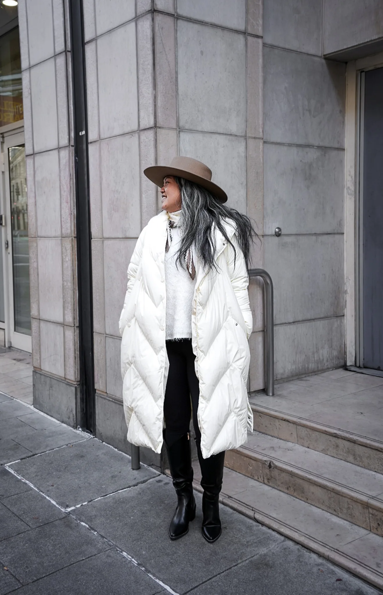 Gentle Herd Quilted Down Parka Ivory Dream Pairs Montana Boots Gigi Pip Dakota Triangle Fedora