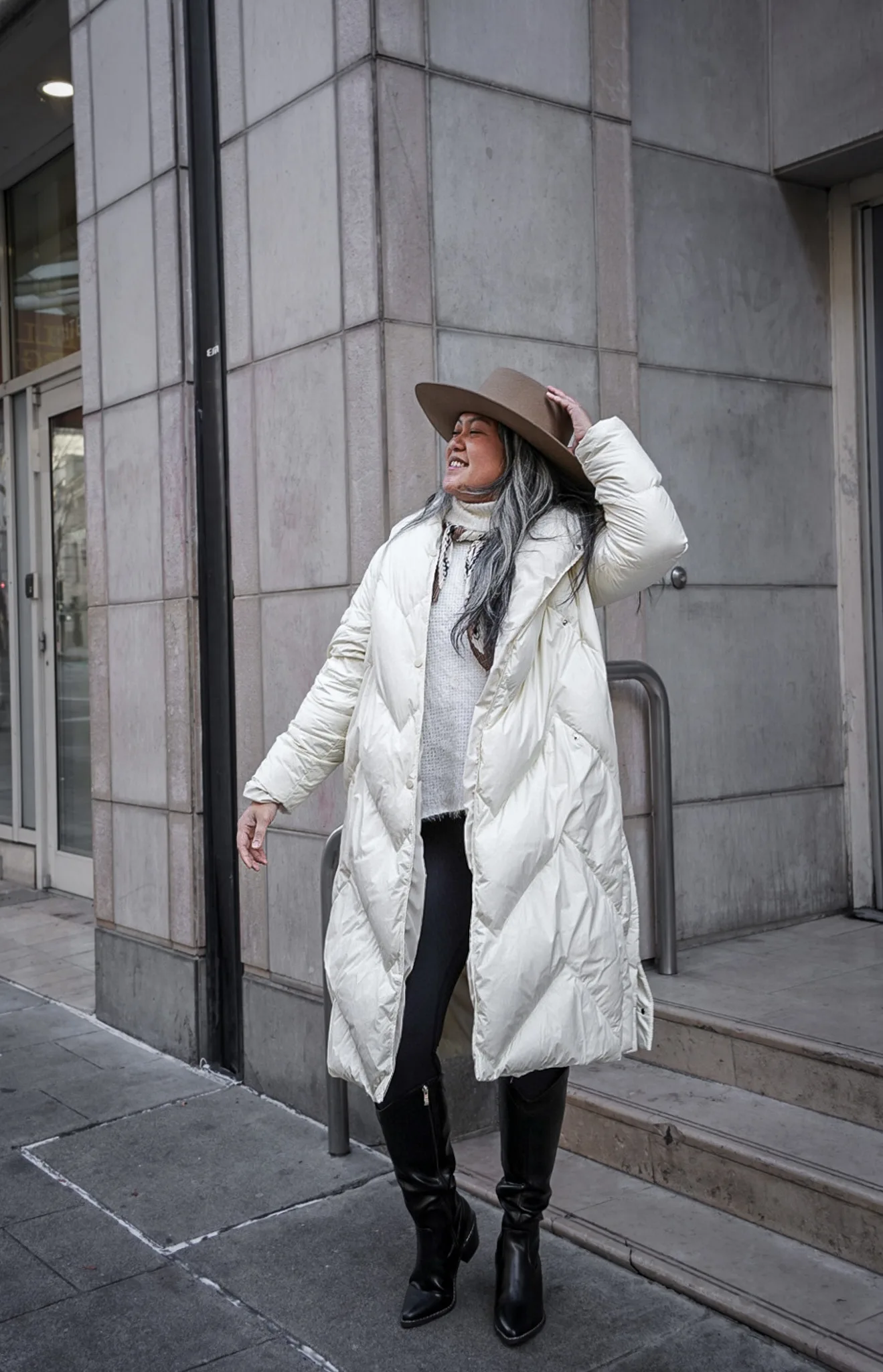 Gentle Herd Quilted Down Parka Ivory Dream Pairs Montana Boots Gigi Pip Dakota Triangle Fedora