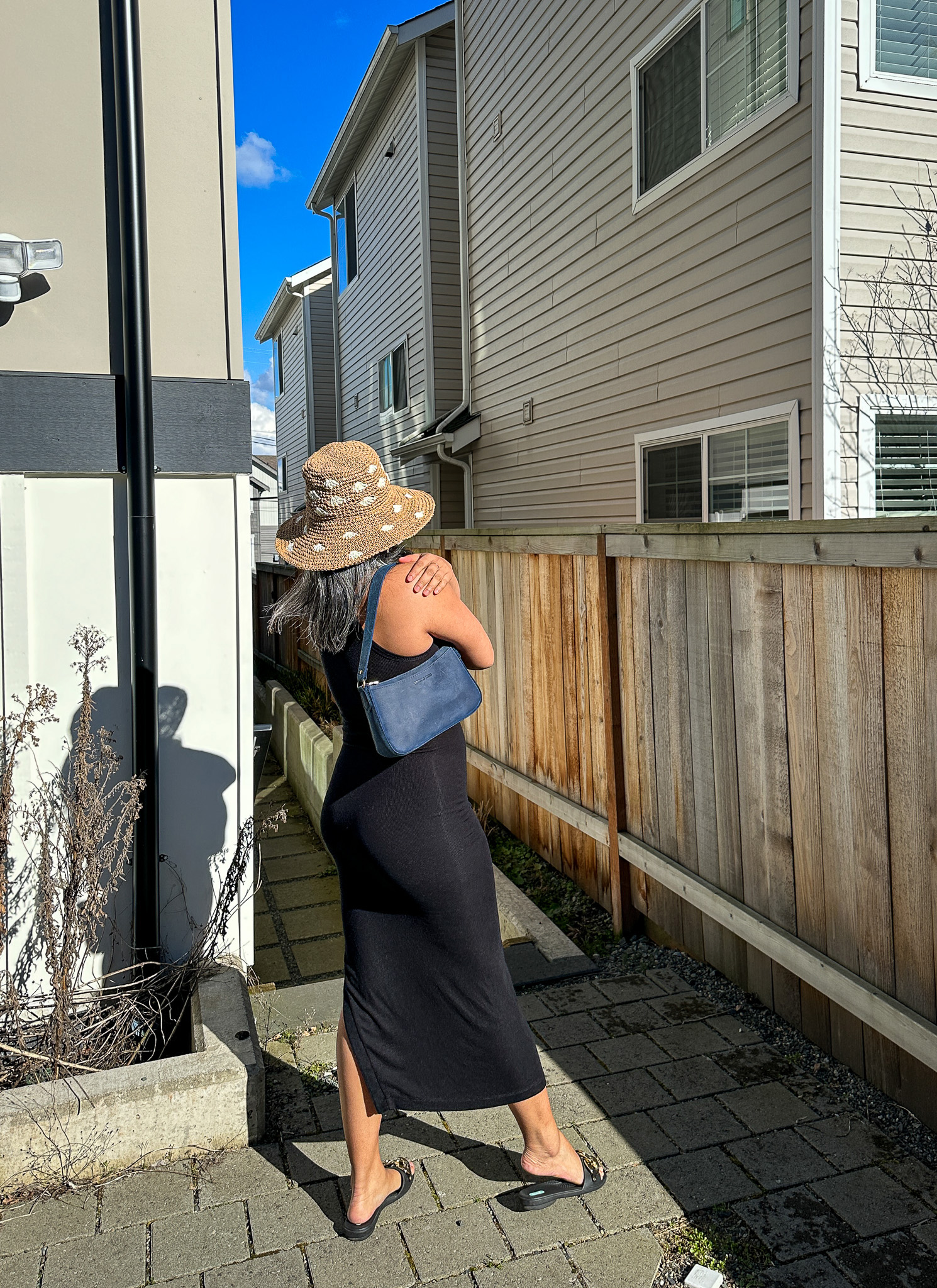 ALIX NYC Lorimer Dress Portland Leather Baguette Bag Deep Water San Diego Hat Company Dream On Bucket Hat Oka-B Moira Sandals