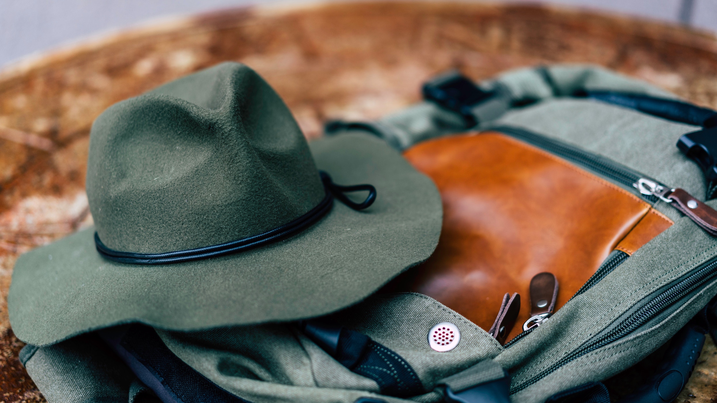 Green Hat and backpack