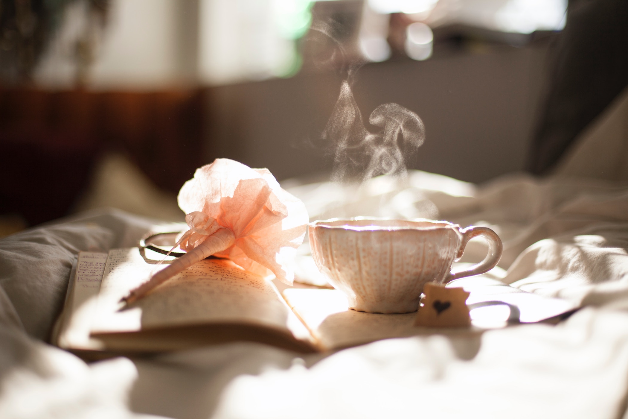 pink tea cup and journal