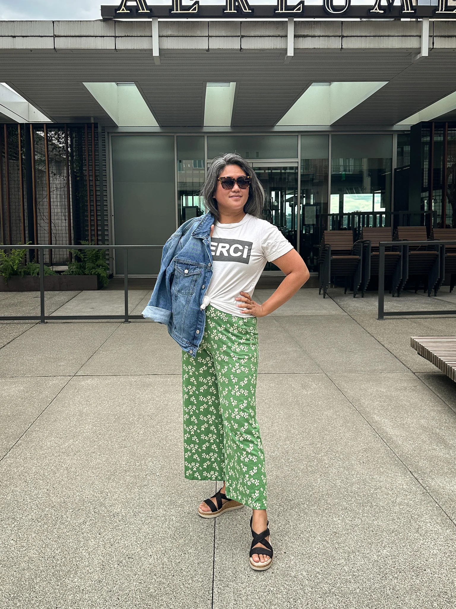 Toad and Co Chaka Wide Leg Pants Bzee cork Radiant wedge shoes Calvin Klein Denim Jacket Mohala sunglasses